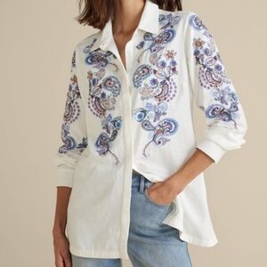 NWOT Soft Surroundings Nadia Paisley Beaded Embroidered Linen Blend Shirt P2P 21